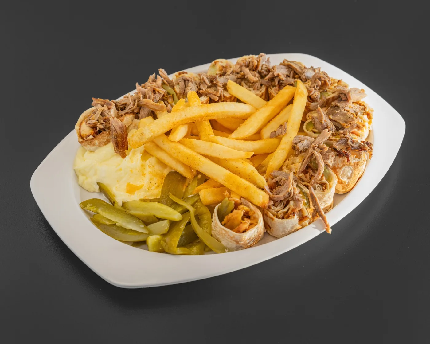 Arabi beef shawarma platter with fries and pickles