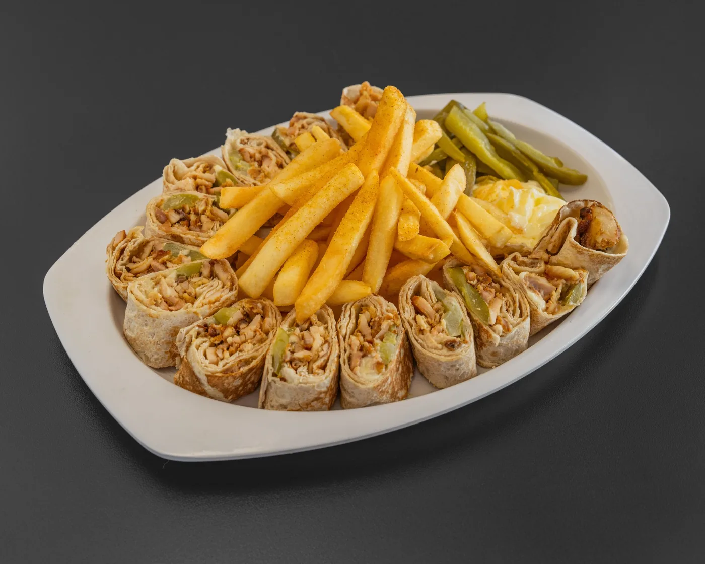 Arabi chicken shawarma platter with fries and pickles