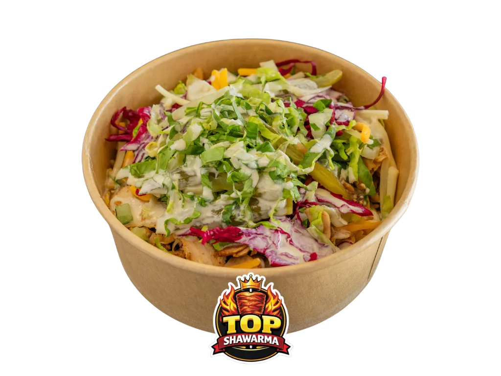 Mixed shawarma bowl with vegetables and sauce